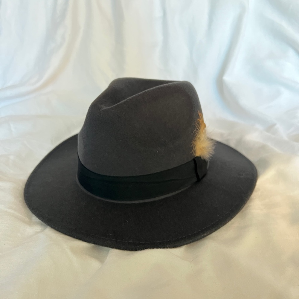 Gray Fedora Hat with Feather Accent